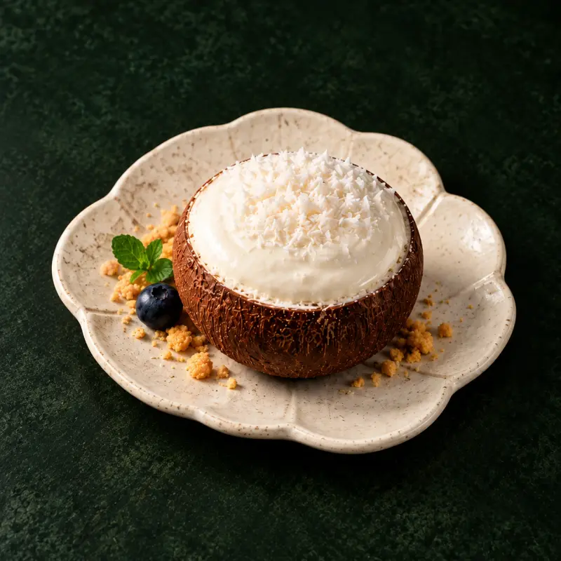 Dessert in Form einer geöffneten Kokosnuss mit weisser Creme und Kokosraspeln