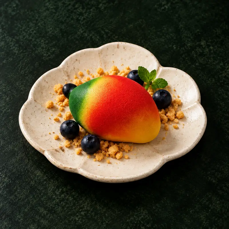 Dessert in Form einer Mango, von Grün bis Rot, mit Crumble und Heidelbeeren