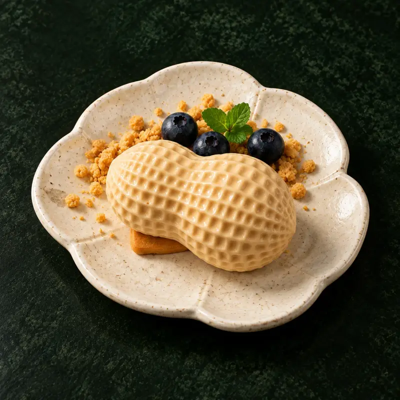 Dessert in Form einer Erdnuss auf einem Keksboden, mit Crumble, Heidelbeeren und Minze