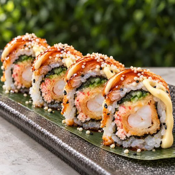 California Roll mit Tempura-Garnele, Krabbenfleisch und Gurke