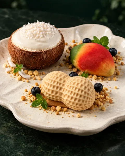 Frutta realistica: Erdnuss, Kokosnuss und Mango auf einem Teller