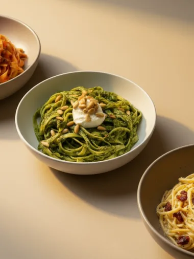 Tagliatelle mit Pesto und Stracciatella, Spaghetti Carbonara