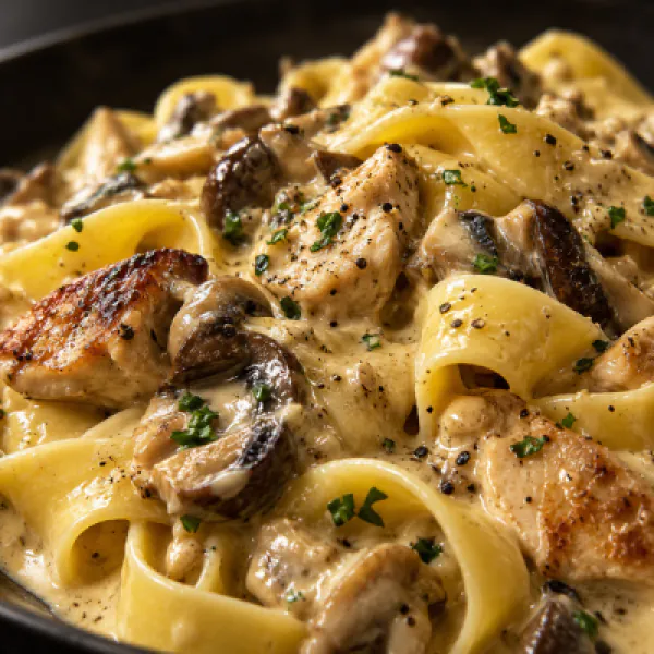 Tagliatelle with chicken and mushrooms in cream sauce